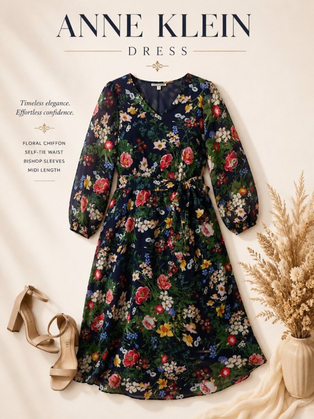 Anne Klein Plus Bountiful Flowers Blouson Sleeve Midi Dress NWT - Picture 3 of 6